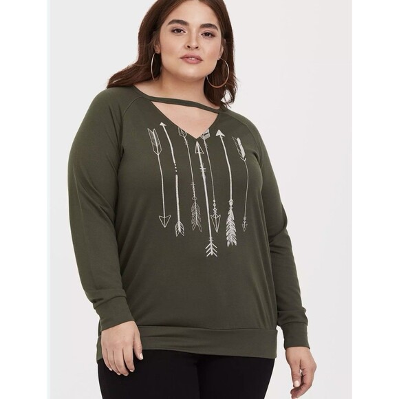 Torrid Size 2X Olive Green Lightweight Choker Cutout Sweatshirt Arrows - Picture 1 of 6